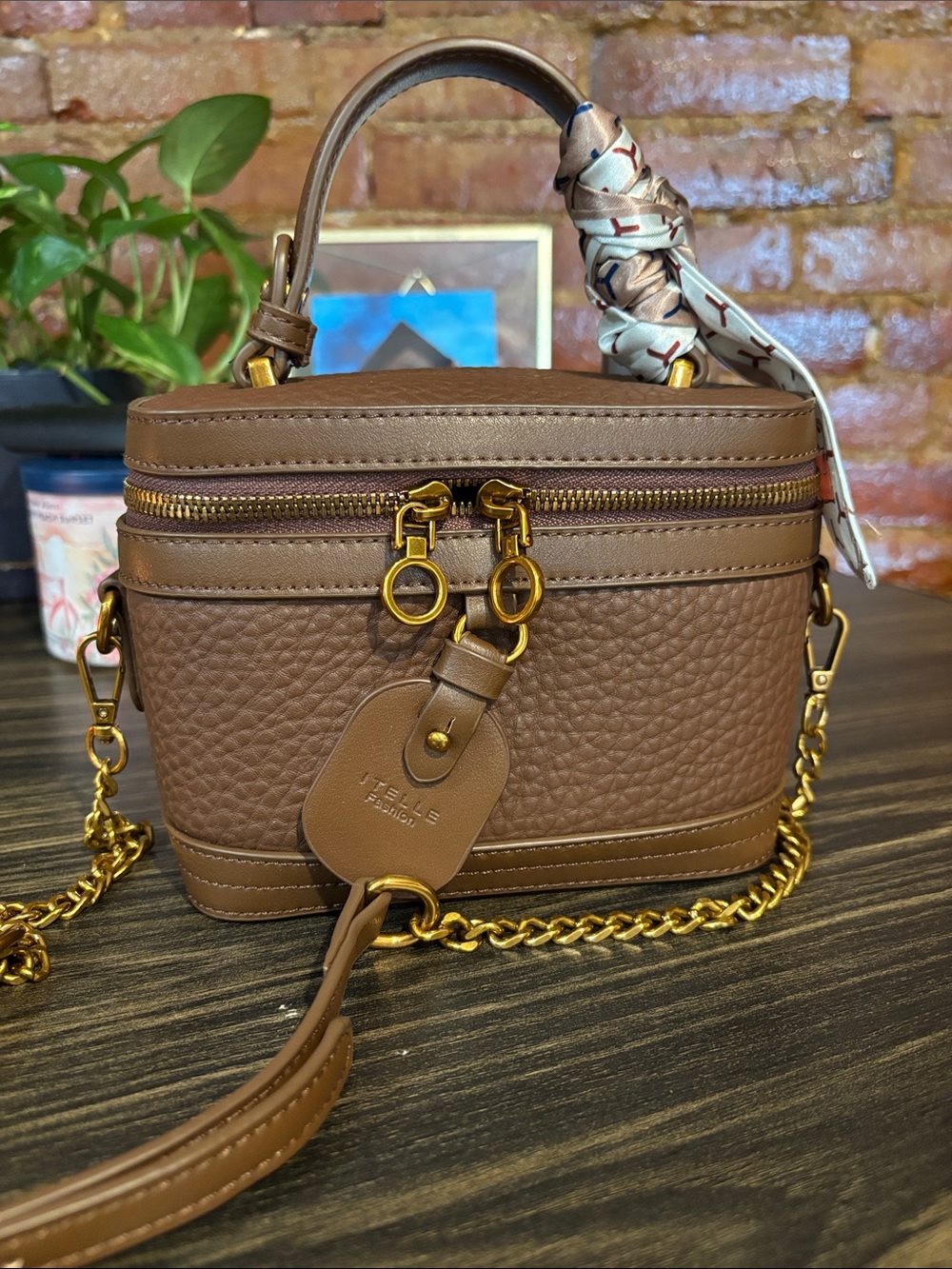 Telfar Brown Leather Mini Vanity Bag with Gold Hardware